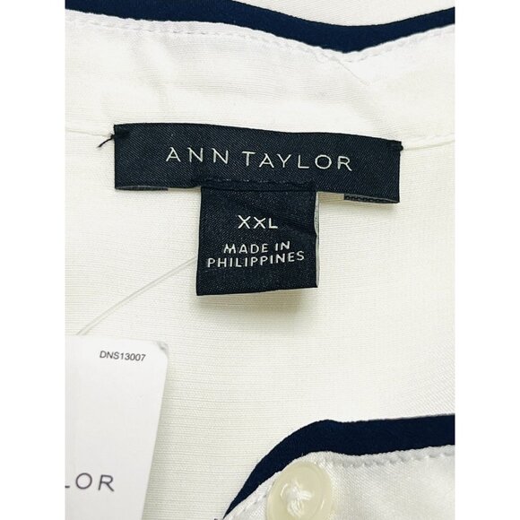Ann Taylor Sleeveless Blouse Womens 2XL White Navy Trim Button Front Rayon Top - Picture 2 of 8